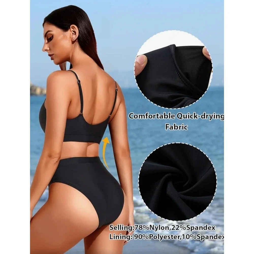 Tempt Me Women Black 2 Piece Swimsuit High Waisted Bikini Set Tummy Control, Med